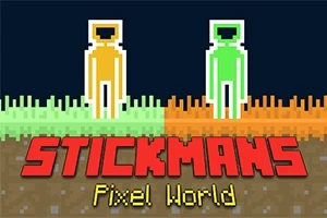 Dos figuras de pixel art, una amarilla y otra verde, sobre fondo de bloques pixelados, con el texto Stickmans Pixel World en la parte inferior