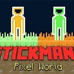 Dos figuras de pixel art, una amarilla y otra verde, sobre fondo de bloques pixelados, con el texto Stickmans Pixel World en la parte inferior