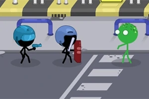 Personajes de palitos con cascos azules y un escudo enfrentándose a una figura verde en una calle