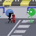 Personajes de palitos con cascos azules y un escudo enfrentándose a una figura verde en una calle