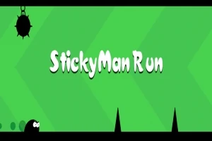 Texto StickyMan Run en un fondo verde con un personaje en la esquina inferior izquierda y picos negros en la parte inferior