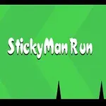 Texto StickyMan Run en un fondo verde con un personaje en la esquina inferior izquierda y picos negros en la parte inferior