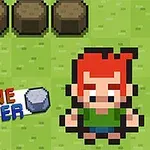 Un personaje pixelado con cabello rojo y camiseta verde en un entorno de hierba, junto a un texto que dice STONE SMACKER y un dibujo de piedra