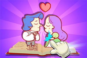 Dos personajes animados se besan encima de un libro abierto, con un corazón flotando arriba y una mano señalando la escena sobre un fondo morado