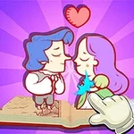 Dos personajes animados se besan encima de un libro abierto, con un corazón flotando arriba y una mano señalando la escena sobre un fondo morado