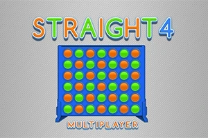 Tablero azul con fichas verdes y naranjas, acompañado del texto STRAIGHT 4 en la parte superior y MULTIPLAYER debajo