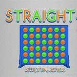 Tablero azul con fichas verdes y naranjas, acompañado del texto STRAIGHT 4 en la parte superior y MULTIPLAYER debajo