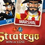 Dos cartas ilustradas mostrando un espía con sombrero de copa y un mariscal con uniforme, sobre un fondo rojo y azul con el texto Stratego Win or Lose
