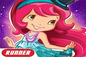 Una ilustración de una chica animada con cabello rosa, vestido azul y un sombrero de copa negra, rodeada de un fondo estrellado púrpura