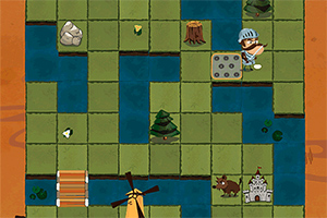 Tablero con cuadrículas verdes y azules, un personaje con casco, un castillo, un molino y un puente