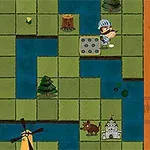 Tablero con cuadrículas verdes y azules, un personaje con casco, un castillo, un molino y un puente