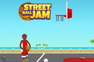 Jugador de baloncesto en la calle a punto de lanzar el balón con una canasta y palmeras de fondo