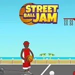 Jugador de baloncesto en la calle a punto de lanzar el balón con una canasta y palmeras de fondo
