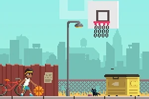 Niño con una pelota de baloncesto caminando cerca de una cancha al aire libre, con un paisaje urbano de fondo y un gato negro junto a un contenedor amarillo