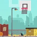 Niño con una pelota de baloncesto caminando cerca de una cancha al aire libre, con un paisaje urbano de fondo y un gato negro junto a un contenedor amarillo