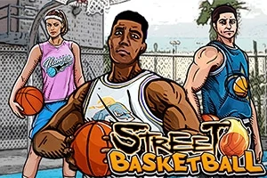 Tres jugadores de baloncesto en una cancha al aire libre con un estilo de ilustración, sosteniendo balones y con una canasta de fondo