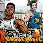 Tres jugadores de baloncesto en una cancha al aire libre con un estilo de ilustración, sosteniendo balones y con una canasta de fondo