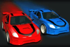 Dos coches de carreras estilizados, uno rojo y otro azul, en fondo oscuro
