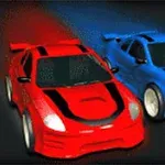 Dos coches de carreras estilizados, uno rojo y otro azul, en fondo oscuro