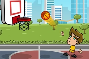 Un personaje animado lanza una pelota de baloncesto hacia una canasta en un parque con edificios al fondo