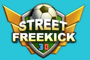 Escudo con un balón de fútbol y letras que dicen STREET FREEKICK 3D sobre un fondo azul