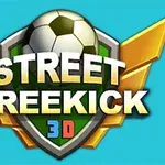 Escudo con un balón de fútbol y letras que dicen STREET FREEKICK 3D sobre un fondo azul