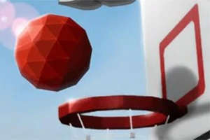 Balón geométrico rojo a punto de entrar en un aro de baloncesto con fondo azul