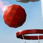 Balón geométrico rojo a punto de entrar en un aro de baloncesto con fondo azul