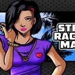 Mujer ilustrada con cabello negro y corto, vestida con camiseta morada, junto al texto Street Racing Mania sobre un fondo de palmeras