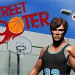 Jugador de baloncesto con camiseta número 23 frente a una cancha al aire libre con la palabra Street Shooter y un balón en el fondo