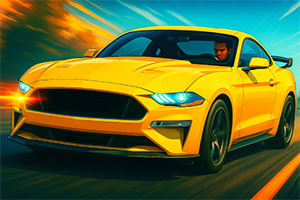 Auto amarillo deportivo con luces encendidas y fondo desenfocado que sugiere velocidad