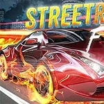 Auto deportivo rojo en movimiento rodeado de llamas con luces de ciudad en el fondo