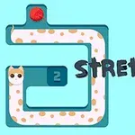 Gato alargado con manchas naranjas, un botón rojo y el texto STRETCH the CAT sobre fondo azul claro