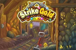 Entrada a una mina con un cartel colorido que dice Strike Gold, rieles de tren y herramientas mineras visibles
