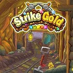 Entrada a una mina con un cartel colorido que dice Strike Gold, rieles de tren y herramientas mineras visibles
