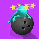 Figura humanoide azul recostada sobre una bola de boliche negra con estrellas amarillas girando alrededor de su cabeza, sobre un fondo morado