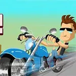 Persona animada conduciendo una motocicleta azul con un fondo urbano y texto estilizado a la izquierda