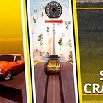 Auto amarillo en una pista con medidor de velocidad, rodeado de un diseño dinámico y el texto STUNT CRASHER