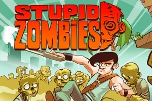 Ilustración de un personaje armado enfrentando una multitud de zombis verdes, con un fondo urbano y un cielo verde y azul