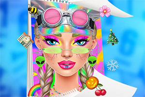 Mujer con gafas futuristas y maquillaje colorido rodeada de iconos festivos y temáticos en un fondo vibrante