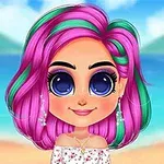 Chica de ojos grandes con cabello rosa y verde, frente a un fondo de playa con mar y montañas