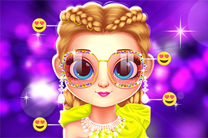 Niña con cabello trenzado y gafas grandes adornadas, fondo púrpura brillante con emojis de cara sonriente