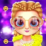 Niña con cabello trenzado y gafas grandes adornadas, fondo púrpura brillante con emojis de cara sonriente