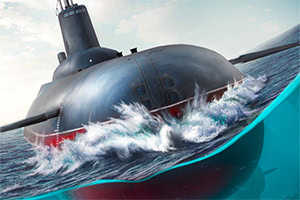 Submarino oscuro navegando entre olas agitadas, con borde gráfico turquesa
