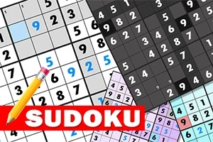 Mosaico de tableros numéricos con un lápiz y la palabra Sudoku en un recuadro rojo