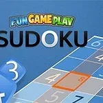 Tablero de Sudoku con números y un estilo de diseño azul, con el título SUDOKU y letras estilizadas