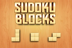 Texto Sudoku Blocks en letras grandes doradas sobre un fondo de madera, con tres piezas geométricas amarillas compuestas por bloques en la parte inferior
