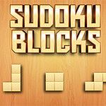 Texto Sudoku Blocks en letras grandes doradas sobre un fondo de madera, con tres piezas geométricas amarillas compuestas por bloques en la parte inferior
