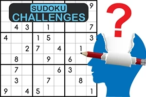Recuadro de sudoku parcialmente resuelto con un diseño de una silueta de cabeza azul atravesada por un lápiz y un signo de interrogación rojo