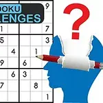 Recuadro de sudoku parcialmente resuelto con un diseño de una silueta de cabeza azul atravesada por un lápiz y un signo de interrogación rojo